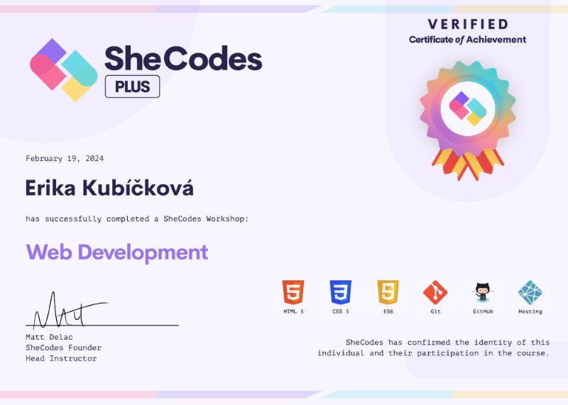 Certificate SheCodes Plus | Erika Kubíčková